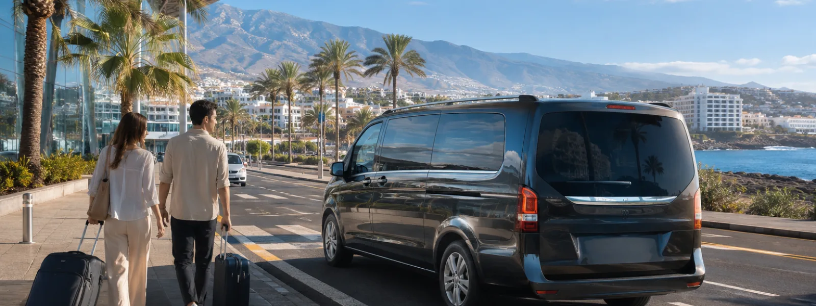 Airport transfer vehicle heading from Tenerife South Airport toward Costa Adeje resorts