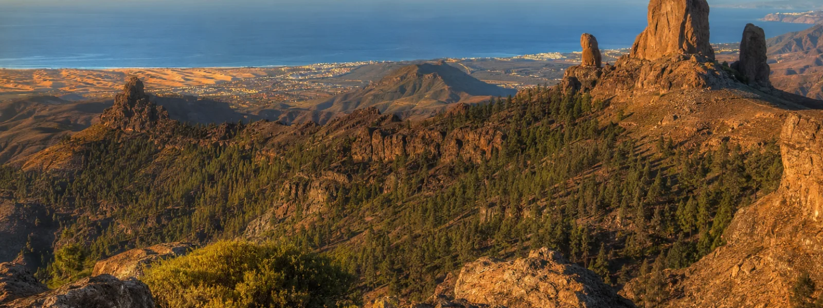Vulkanische bergen en Roque Nublo boven het excursiegebied van de zuidkust van Gran Canaria