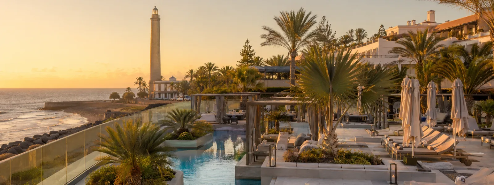 Terrazze piscina di lusso e lungomare di Meloneras fiancheggiato di palme vicino al Faro di Maspalomas a Gran Canaria
