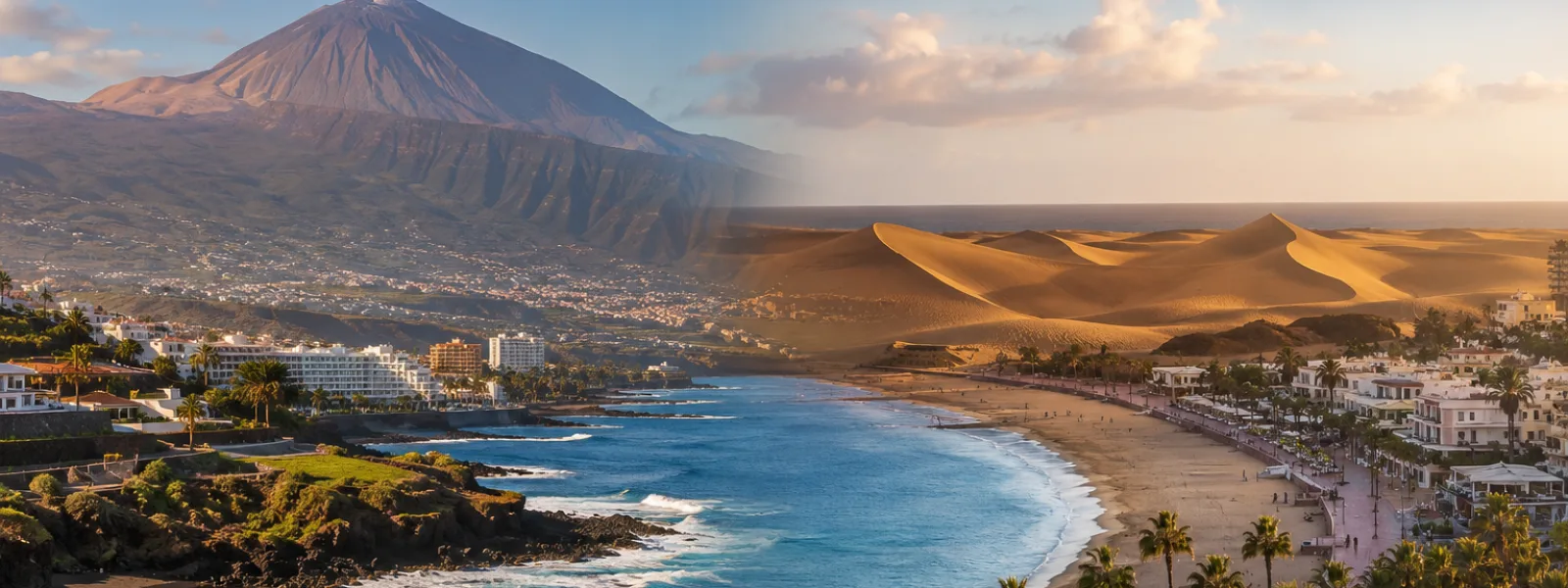 Paysages de vacances à Tenerife et Gran Canaria avec montagnes volcaniques, plages et côtes balnéaires