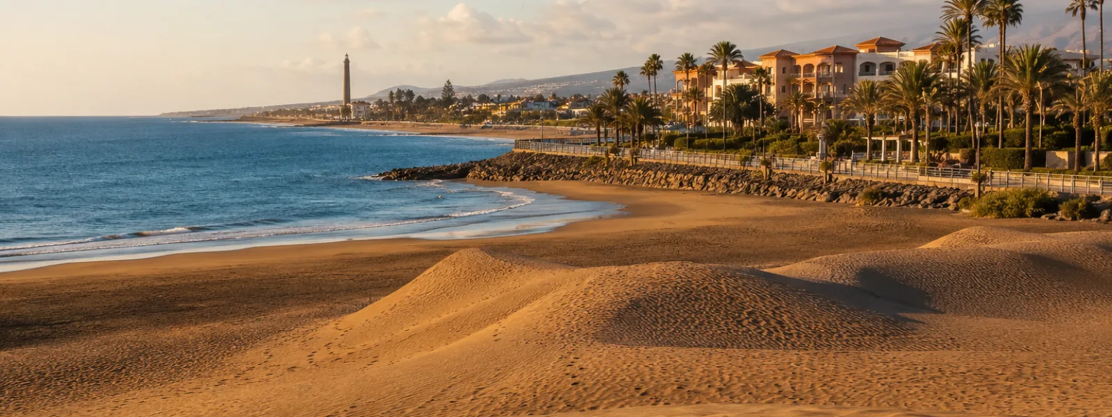 Vista panoramica delle dune, dell'oceano e di una zona di resort nel sud di Gran Canaria