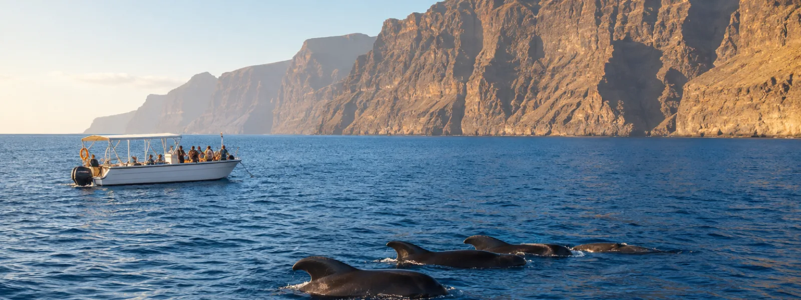 Whale watching boat near pilot whales off the Los Gigantes cliffs in Tenerife