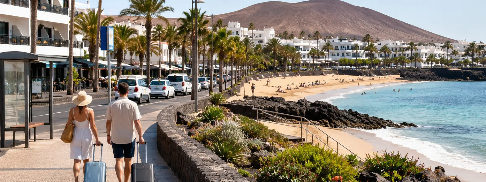 Lungomare soleggiato di un resort di Lanzarote con spiaggia, hotel a pochi piani e trasporti facili per una vacanza senza auto