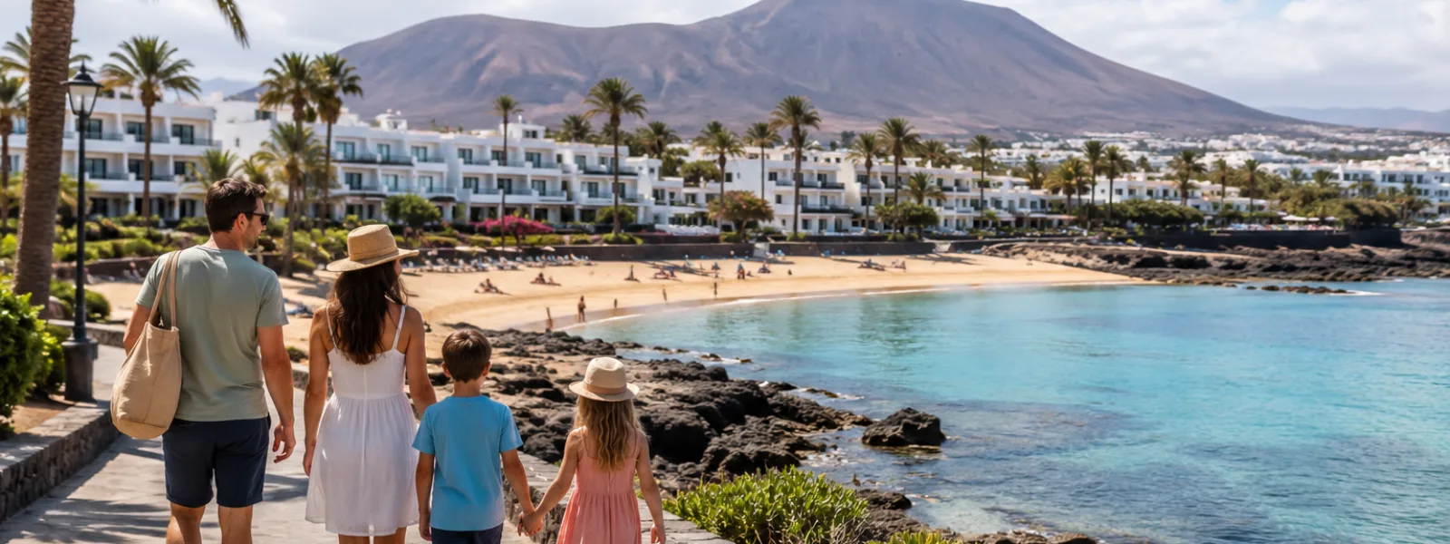 Famiglia che cammina accanto a una spiaggia riparata delle Isole Canarie vicino a un resort conveniente durante le vacanze scolastiche