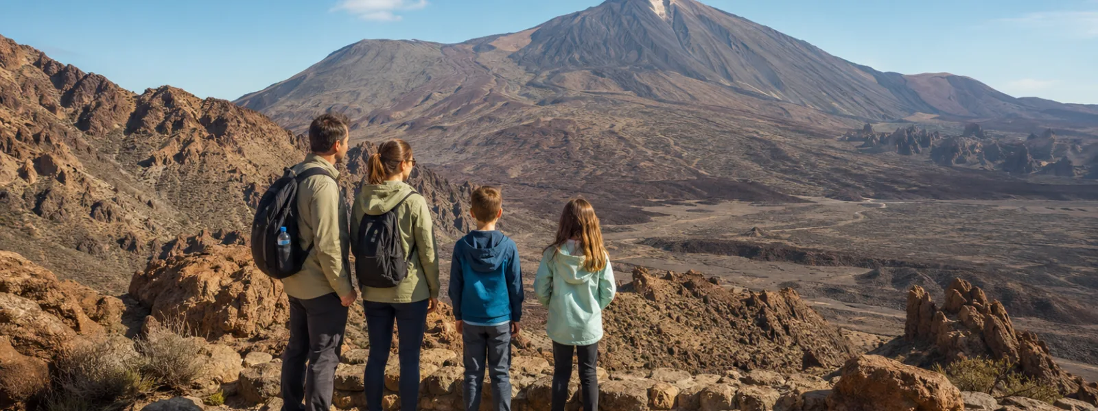 Gezin dat uitkijkt over het vulkanische landschap van het Mount Teide National Park op Tenerife