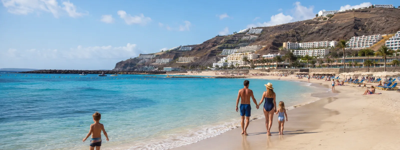 Scena di vacanza balneare in famiglia in una baia calma e riparata nel sud-ovest di Gran Canaria vicino a Puerto Rico e Amadores
