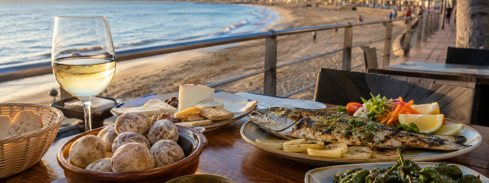 Tapas canariennes et fruits de mer sur la terrasse d'un restaurant près de la plage de Las Canteras à Las Palmas de Gran Canaria