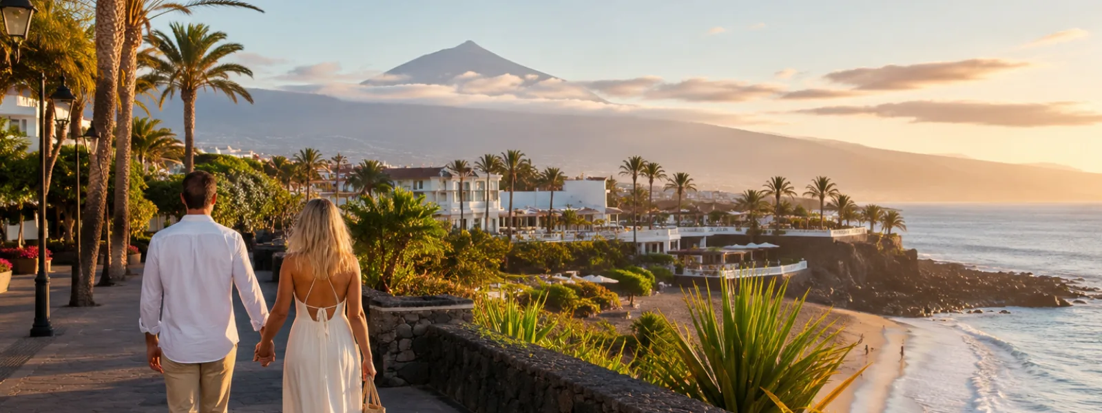 Couple marchant le long d'une promenade de front de mer à Tenerife au coucher du soleil