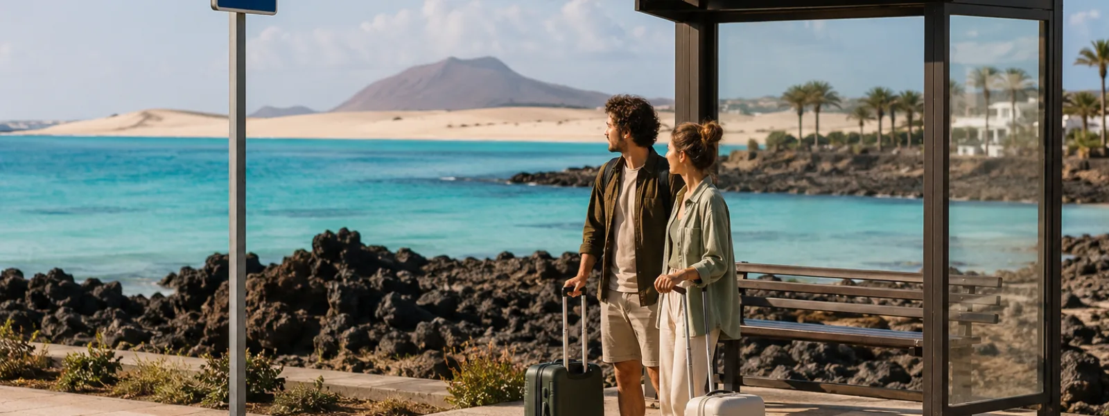 Voyageurs à un arrêt de bus côtier à Fuerteventura pour des vacances sans voiture