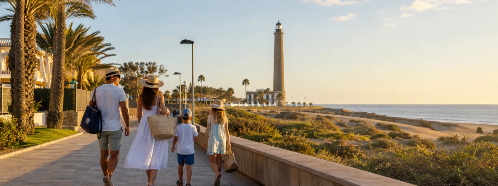 Famille marchant près du phare de Maspalomas et de la promenade de Meloneras à Gran Canaria