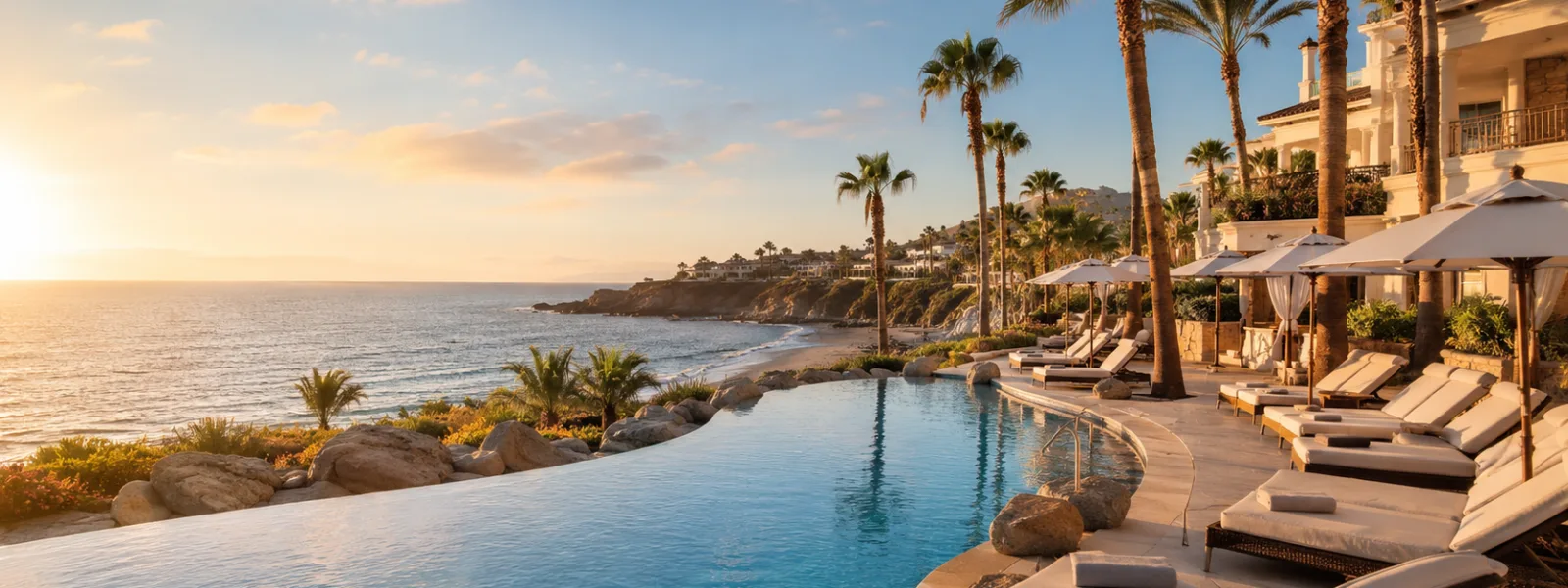 Terras van een adults-only luxe hotel met uitzicht op de kustlijn van Costa Adeje op Tenerife