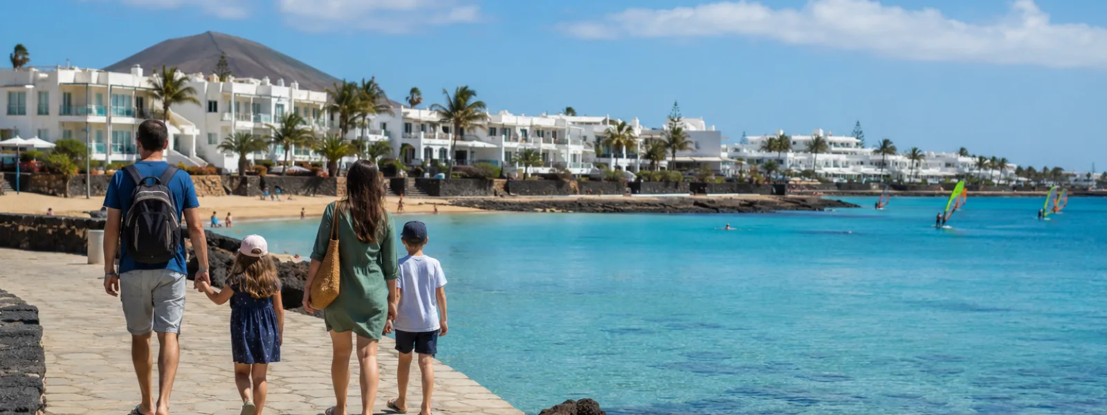 Famille marchant près de la baie abritée de style El Jablillo à Costa Teguise, Lanzarote