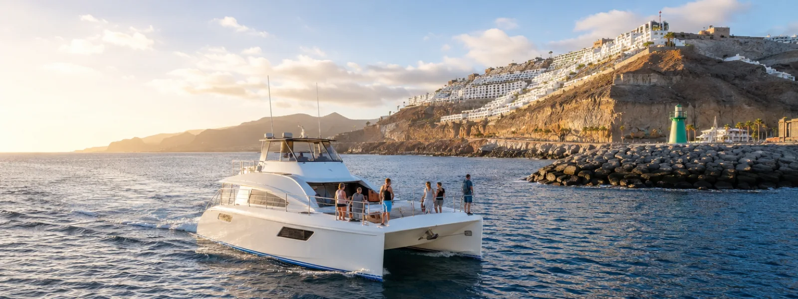 Catamaran d'observation des dauphins quittant le port de Puerto Rico à Gran Canaria