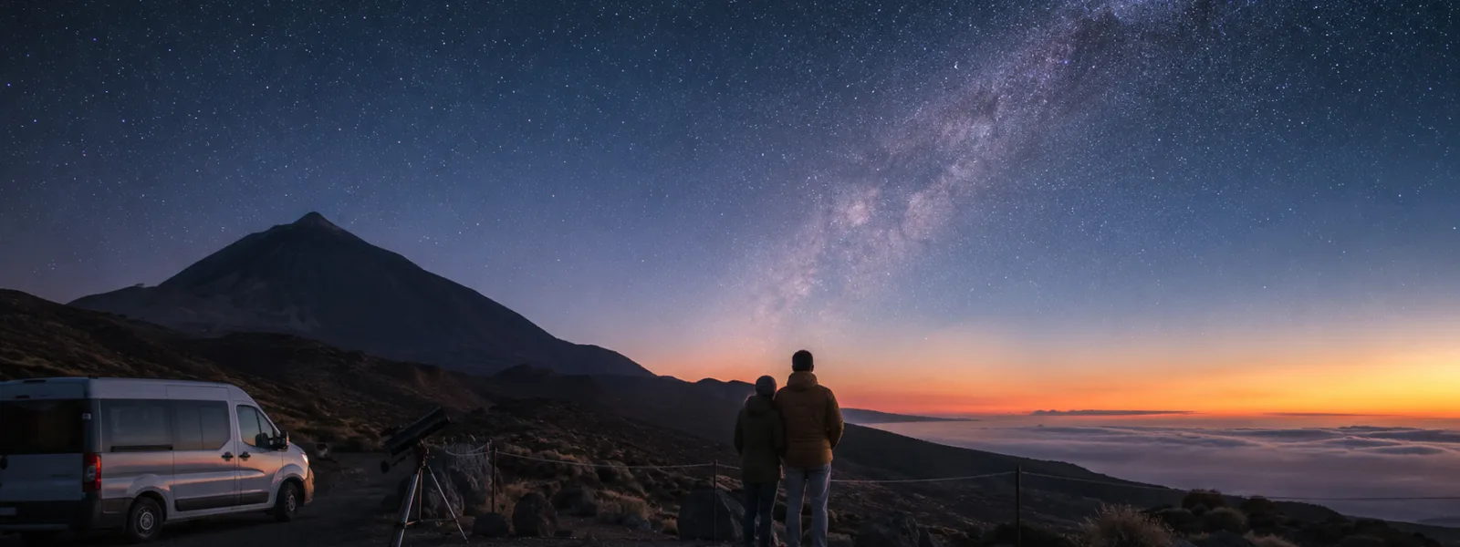 Stel dat naar de sterren kijkt bij Mount Teide op Tenerife tijdens het blauwe uur