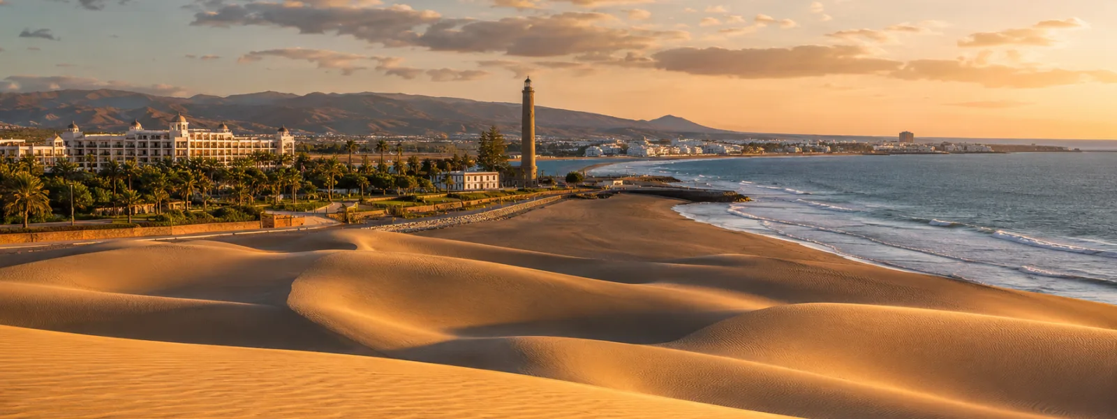 Dunes de Maspalomas, phare et littoral des stations du sud de Gran Canaria près de Meloneras et Playa del Ingles