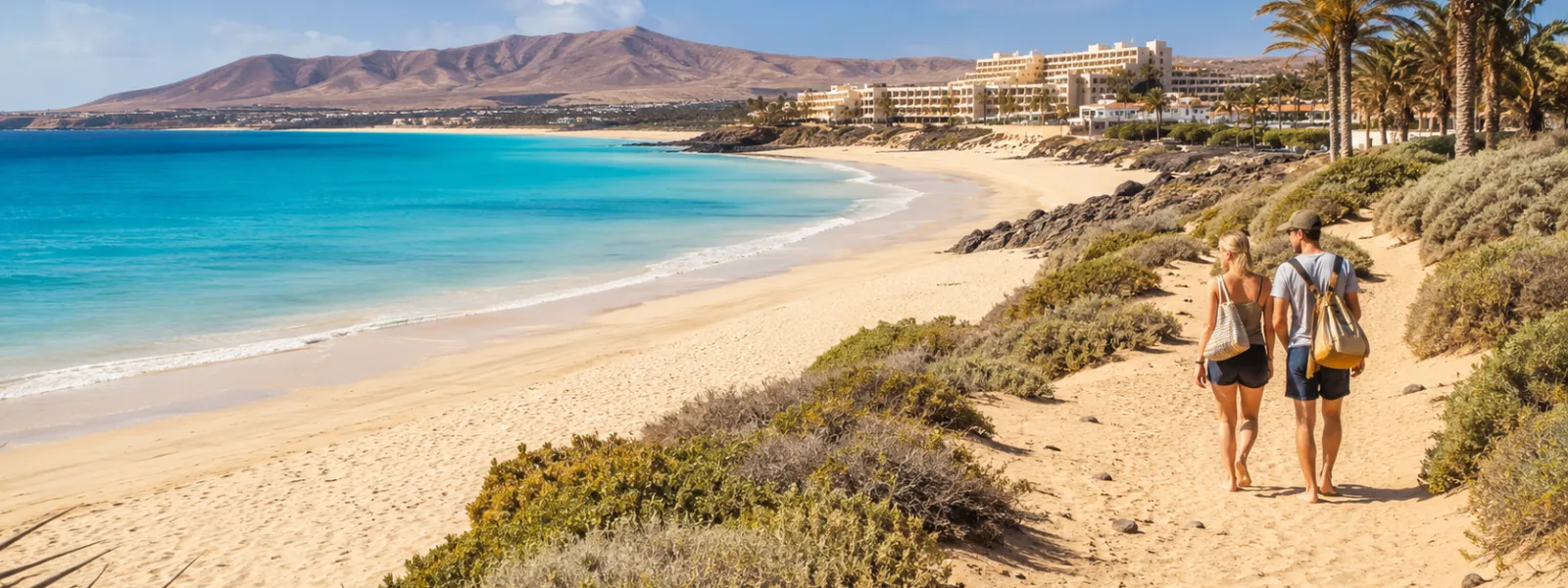 Costa Calma beach path and resort hotels for a car-free Fuerteventura holiday