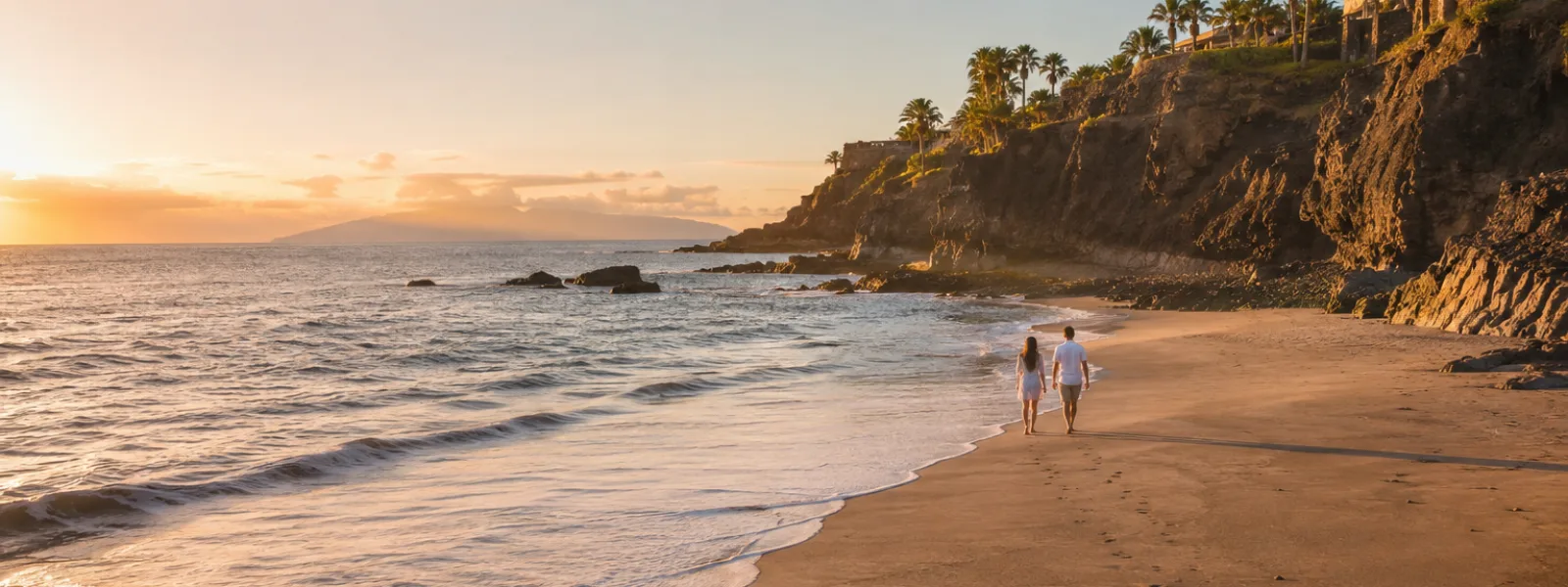 Quiet Tenerife beach cove at golden hour for couples planning a peaceful coastal stay