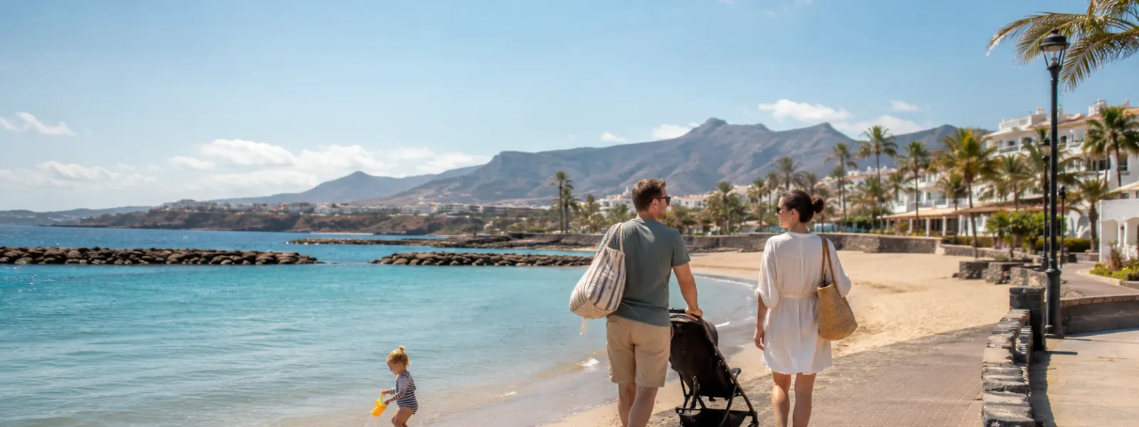 Family with a toddler and pushchair on a calm Canary Islands beach promenade