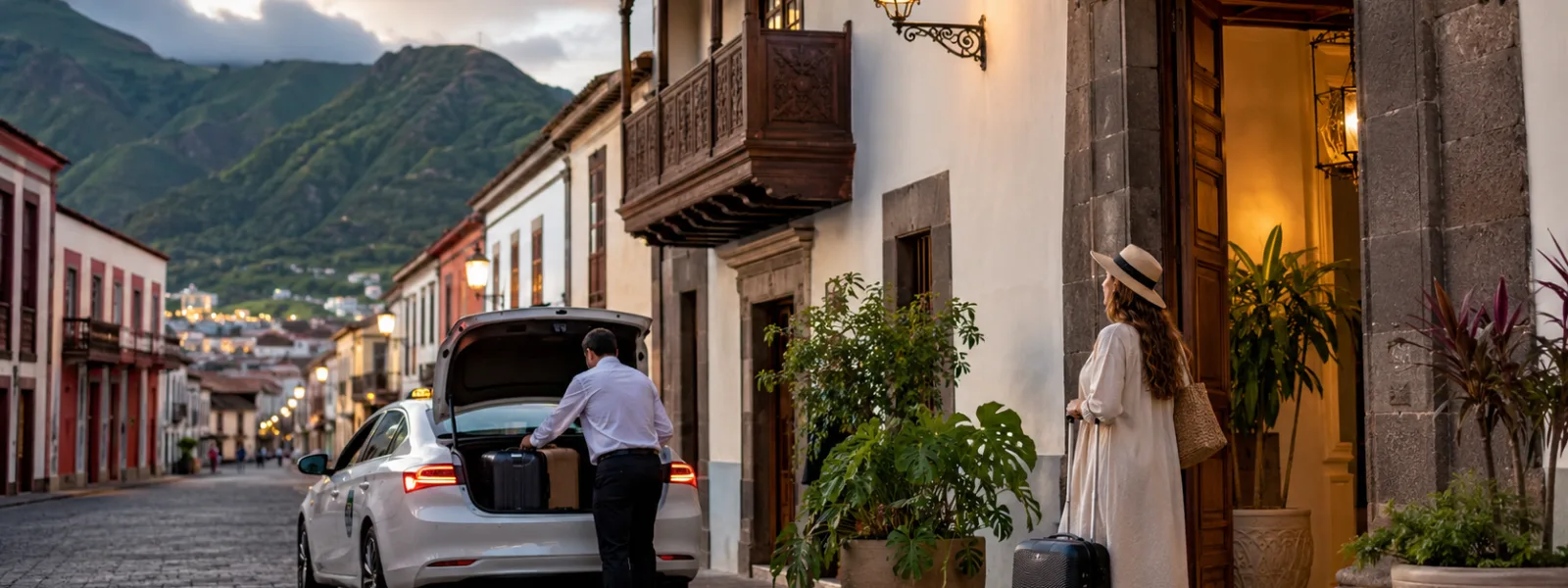 Strada storica di La Laguna a Tenerife con bagagli e montagne di Anaga, ideale per la pianificazione dei viaggi verso l'aeroporto e Anaga