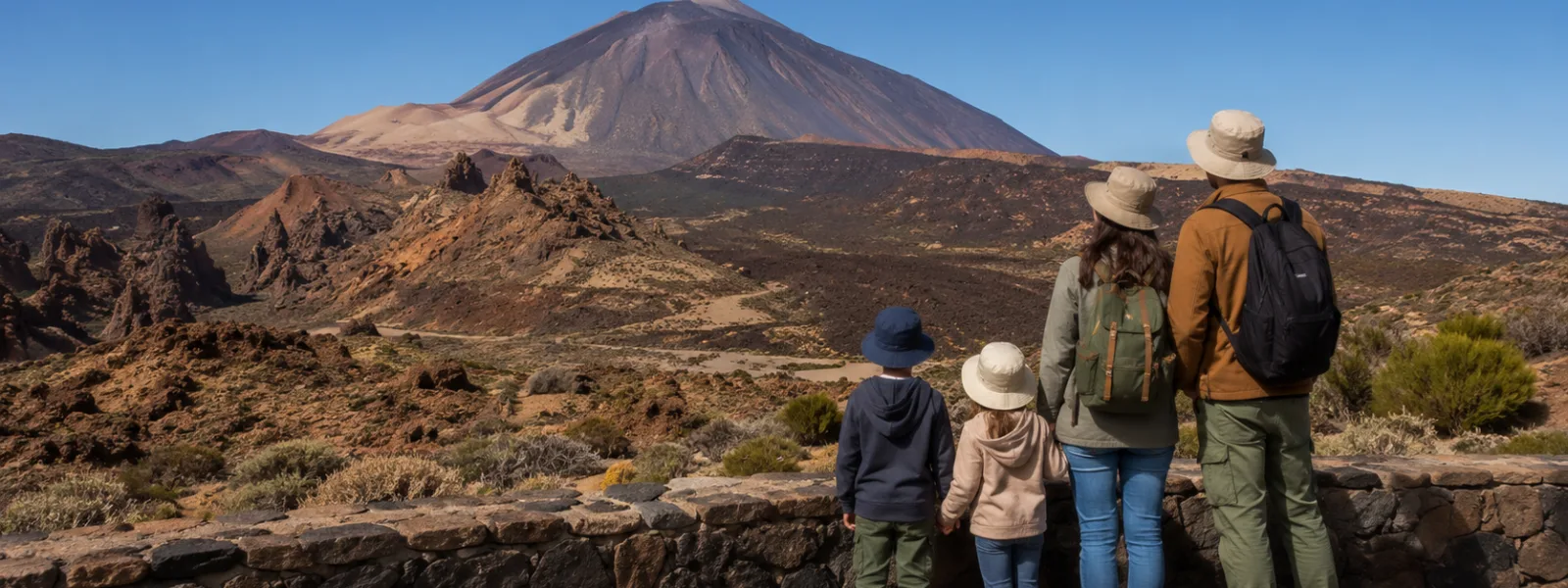 Gezin dat naar de Teide kijkt vanaf een veilig uitzichtpunt in het Nationaal Park Teide Tenerife