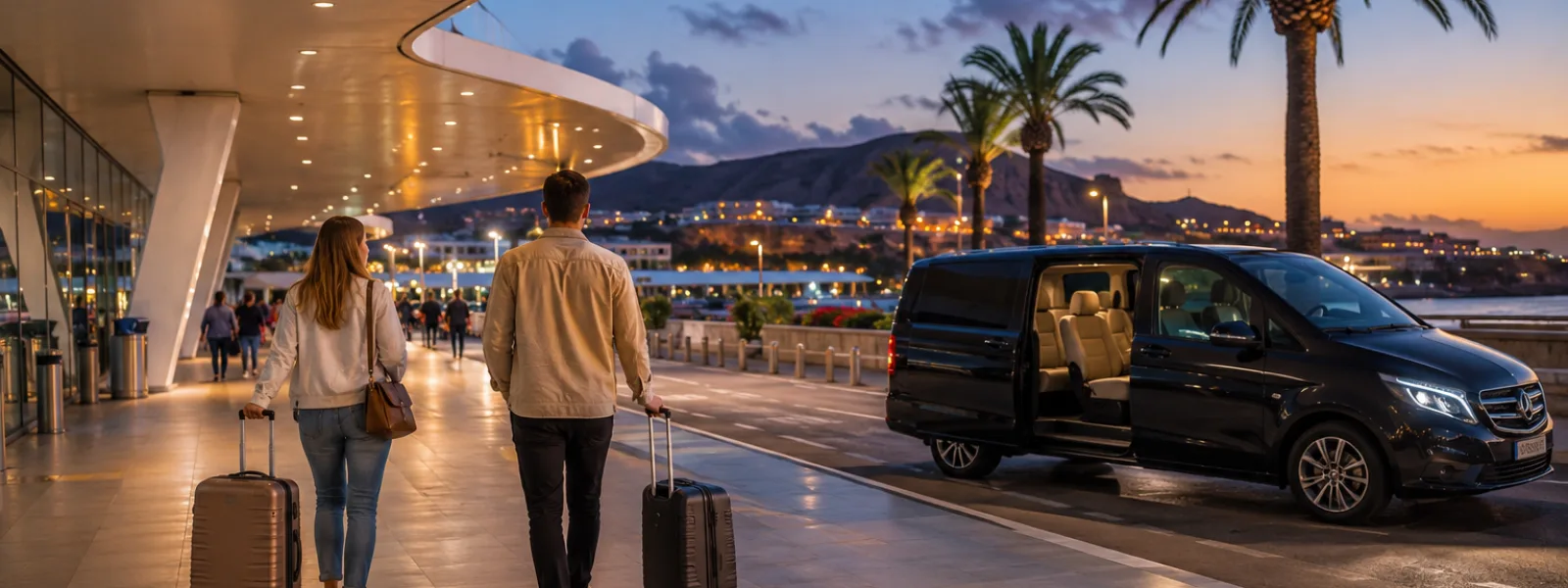 Travelers arriving at Tenerife South Airport in the evening with resort lights on the south Tenerife coast