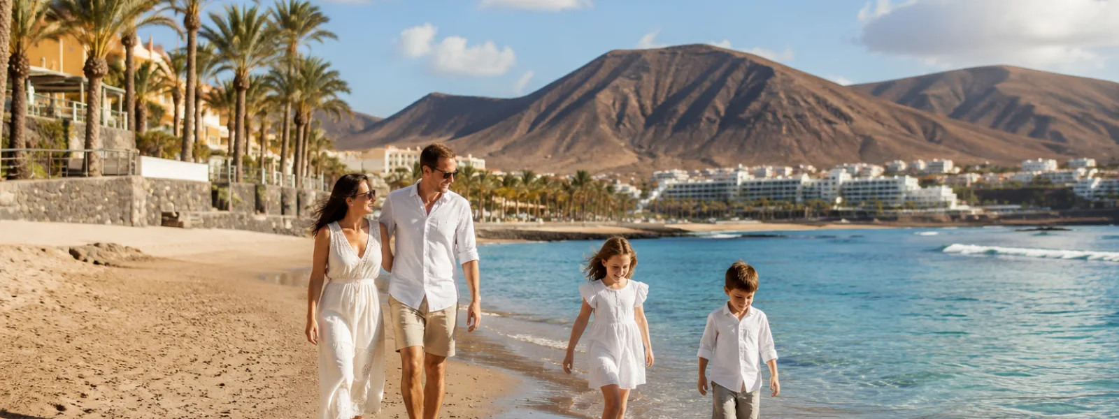 Family walking on a sunny Canary Islands beach during an Easter holiday