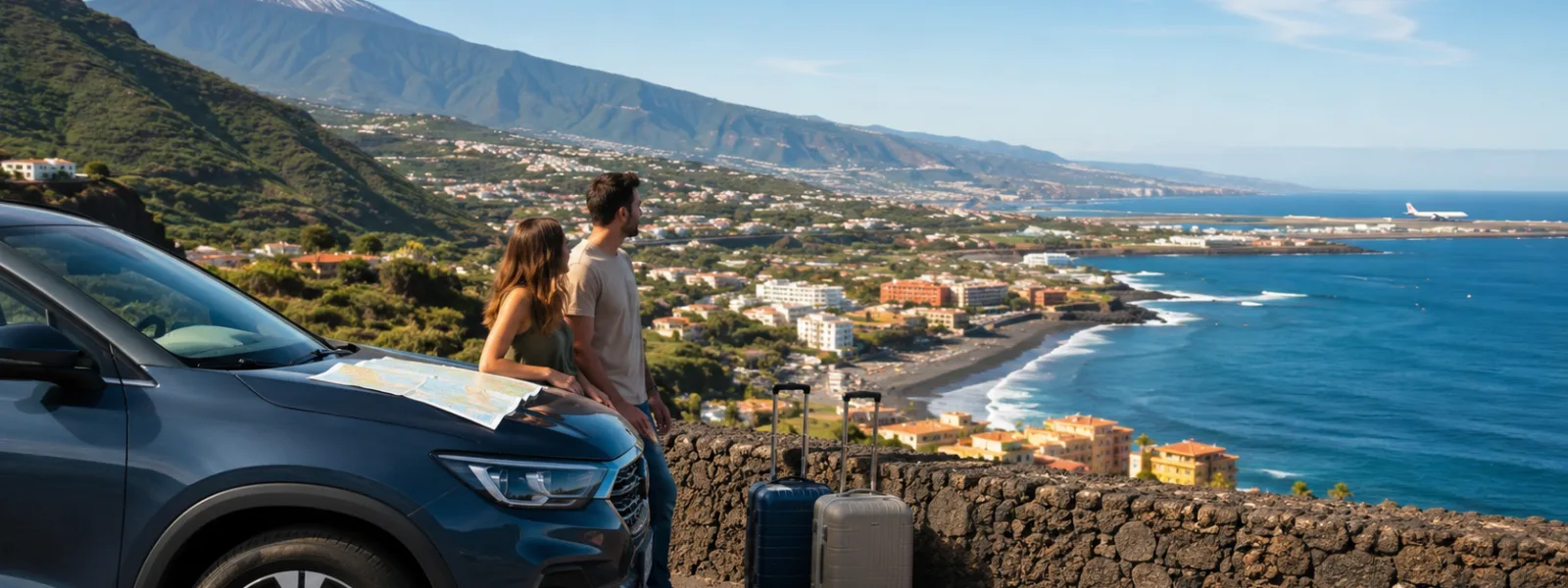 Rental car, luggage and Tenerife coastline for a guide comparing Tenerife South and Tenerife North airports