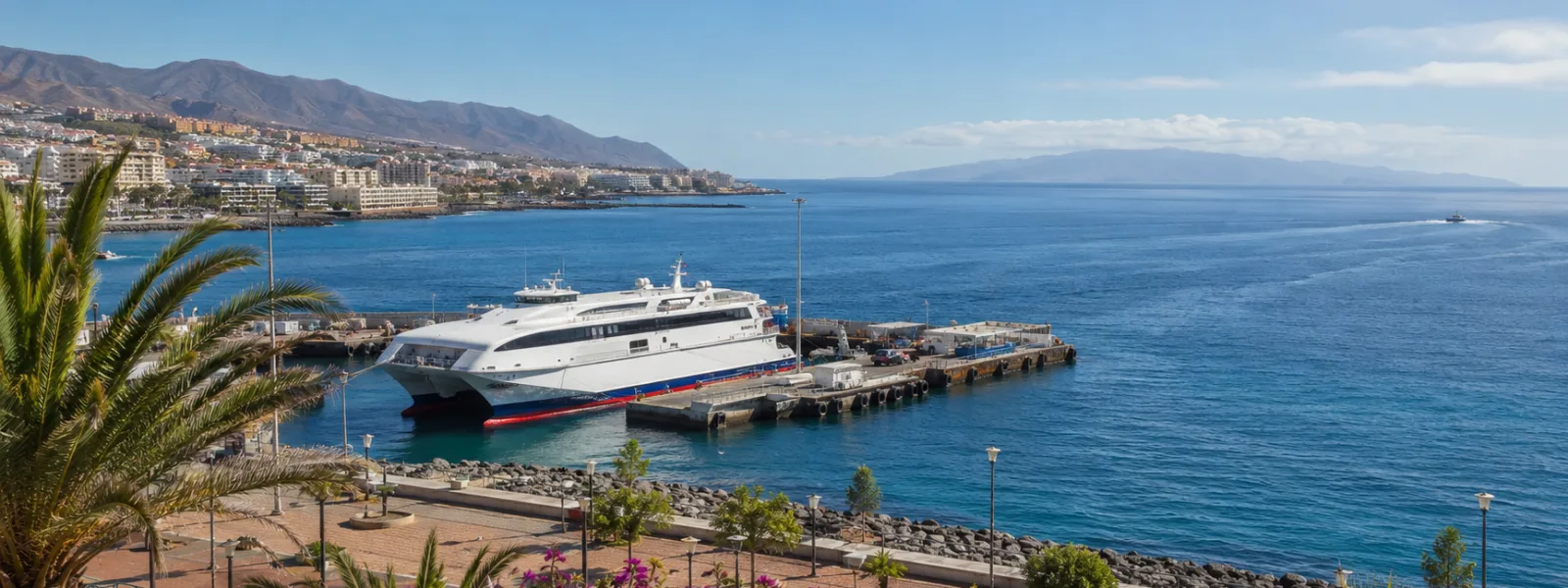 Ferry at Los Cristianos harbour with La Gomera across the Atlantic