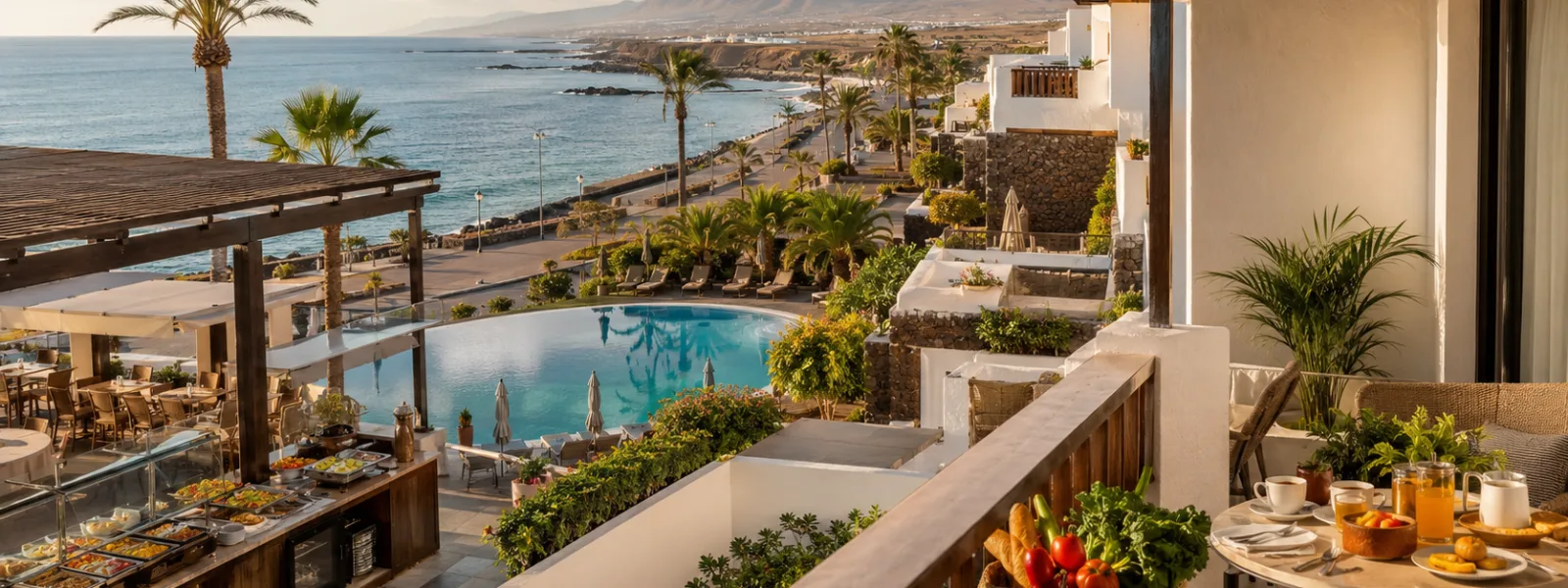 Sunny Canary Islands resort terrace comparing hotel dining and apartment self-catering holiday styles