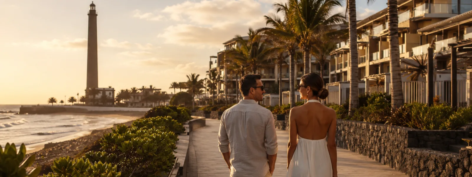 Couple walking on the Meloneras promenade near Maspalomas Lighthouse in Gran Canaria