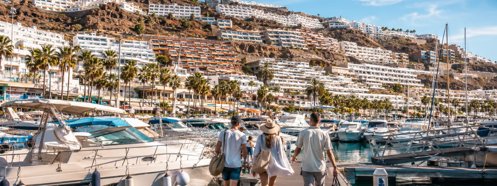 Marina di Puerto Rico a Gran Canaria con barche e appartamenti per vacanze in collina