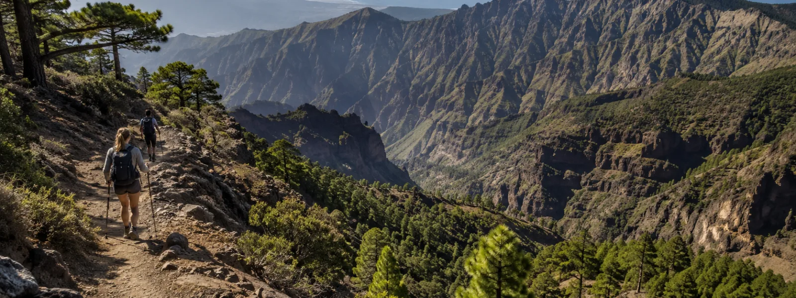 Hiking trail viewpoint in La Palma with volcanic ridges and pine forest