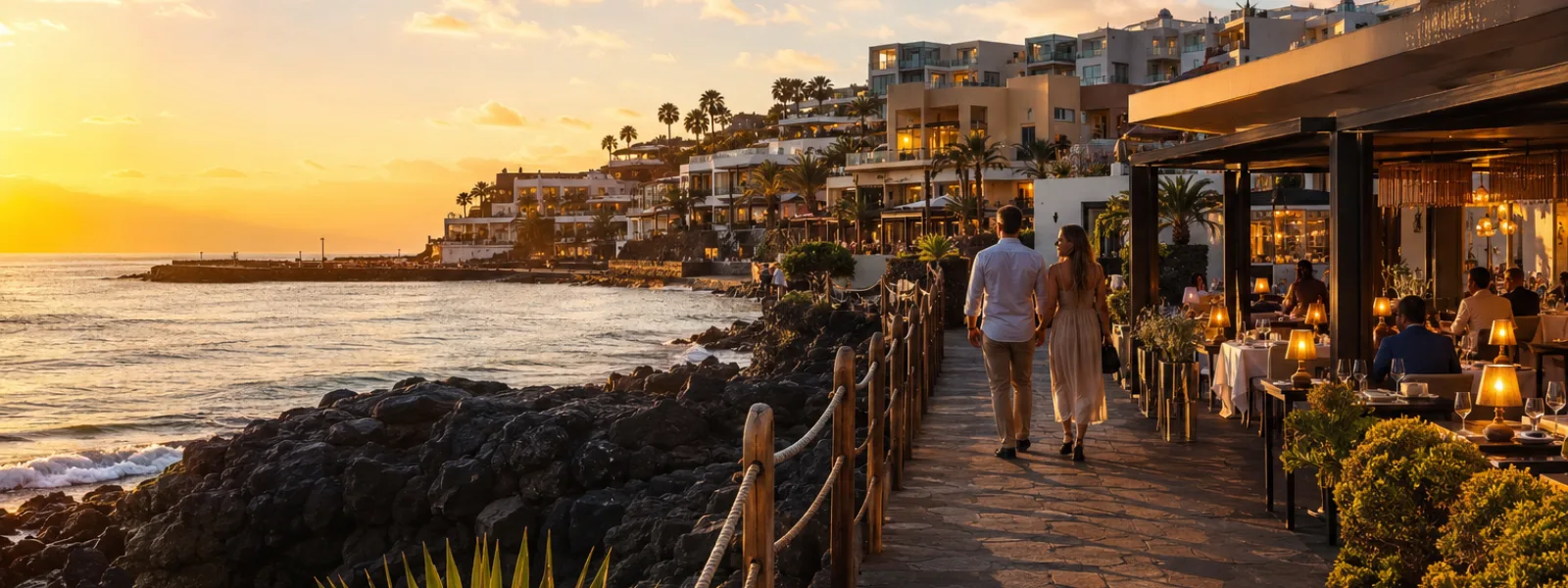 Coucher de soleil sur La Caleta à Costa Adeje avec hôtels en front de mer et restaurants de fruits de mer