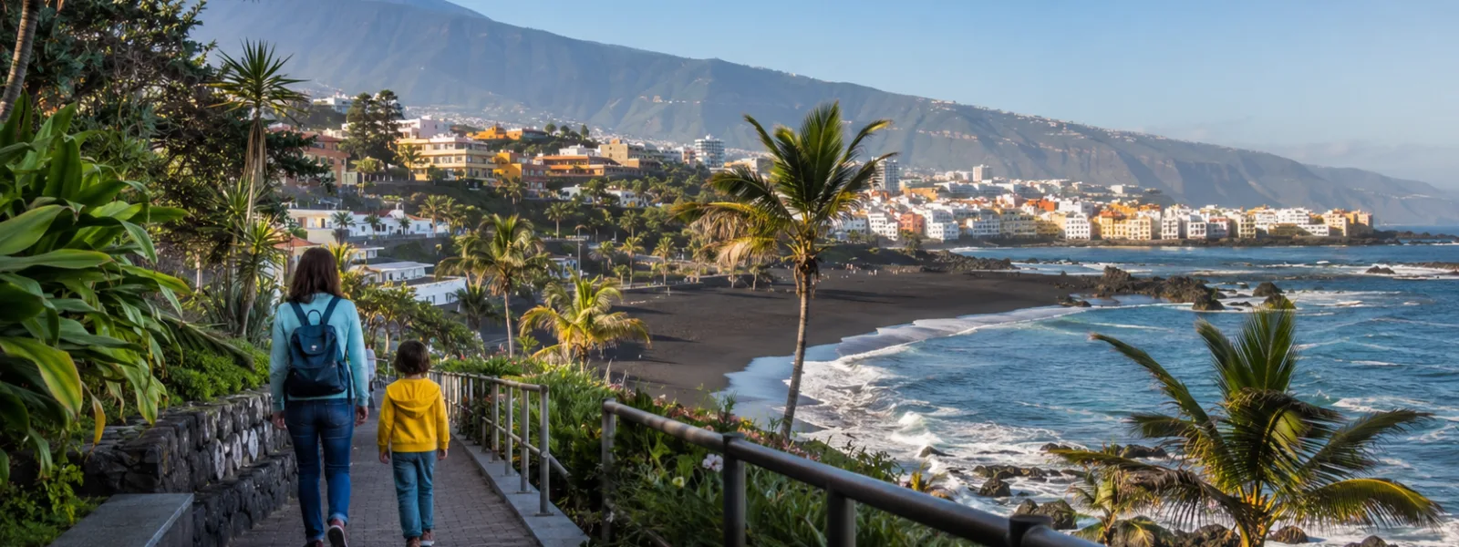 Famille marchant près de Playa Jardin à Puerto de la Cruz, Tenerife, pour des vacances à Loro Parque