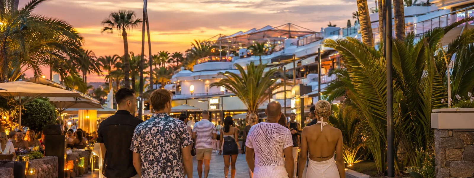 Adulti che camminano vicino a hotel circondati da palme e locali notturni presso il Centro Yumbo a Playa del Ingles, Gran Canaria
