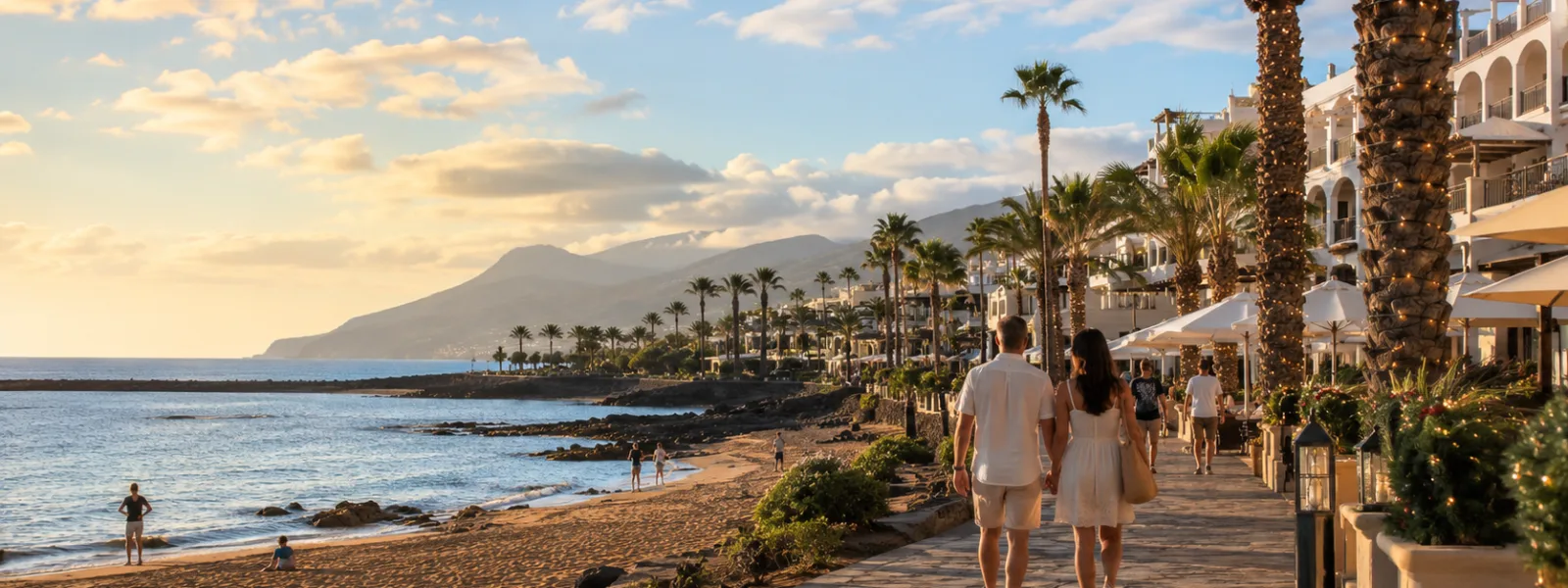 Sunny Canary Islands resort promenade with subtle festive lights for a Christmas and New Year winter sun holiday