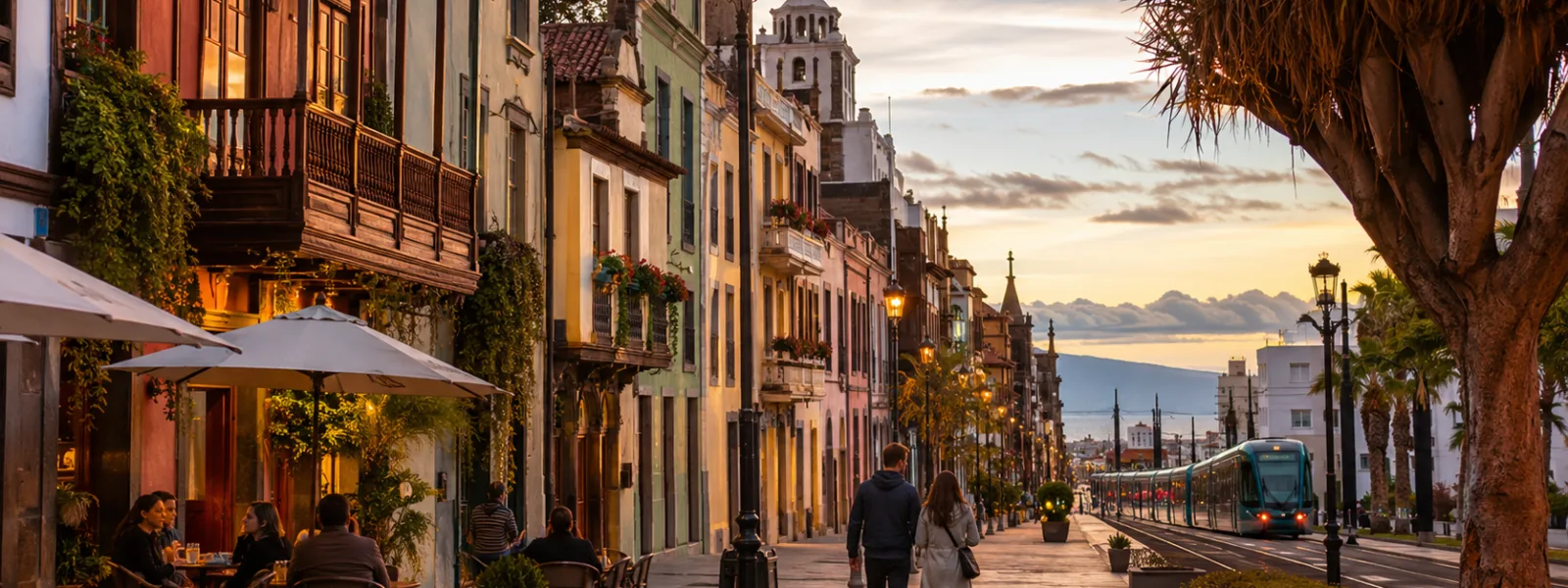 Historic La Laguna street scene with tram connection toward Santa Cruz de Tenerife for a car-free city break