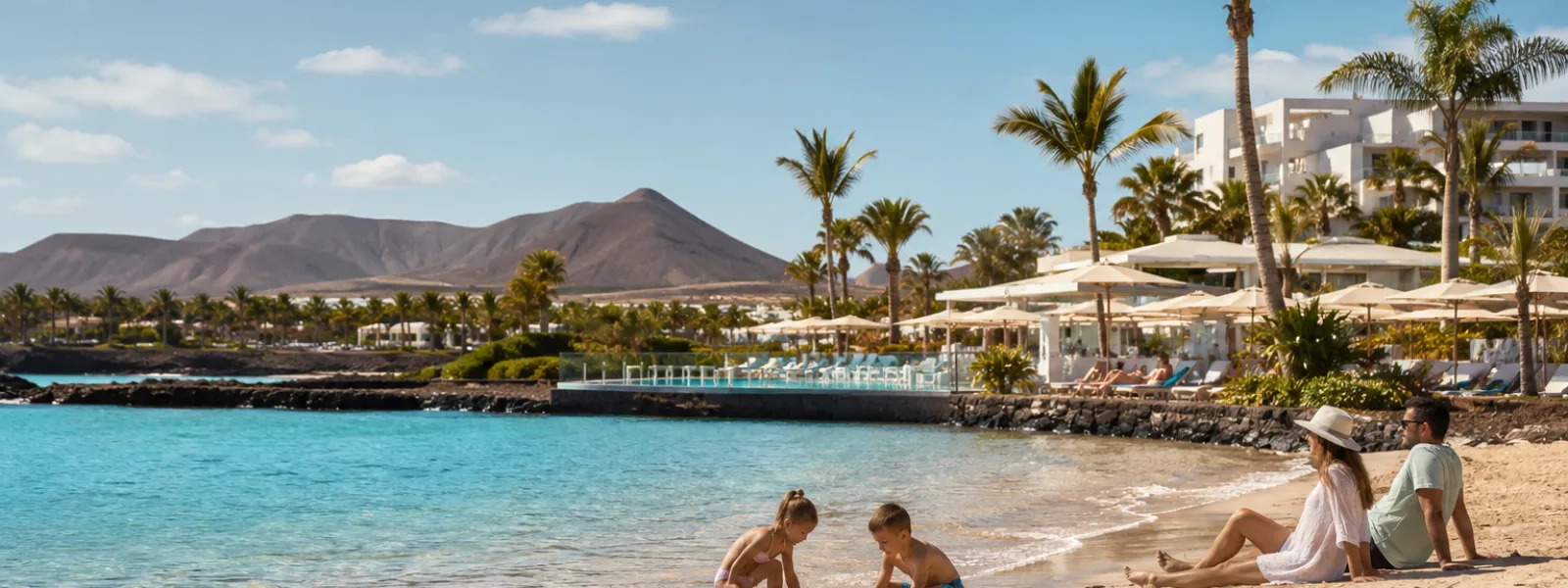 Family enjoying a sunny Canary Islands beach resort during a May half-term holiday