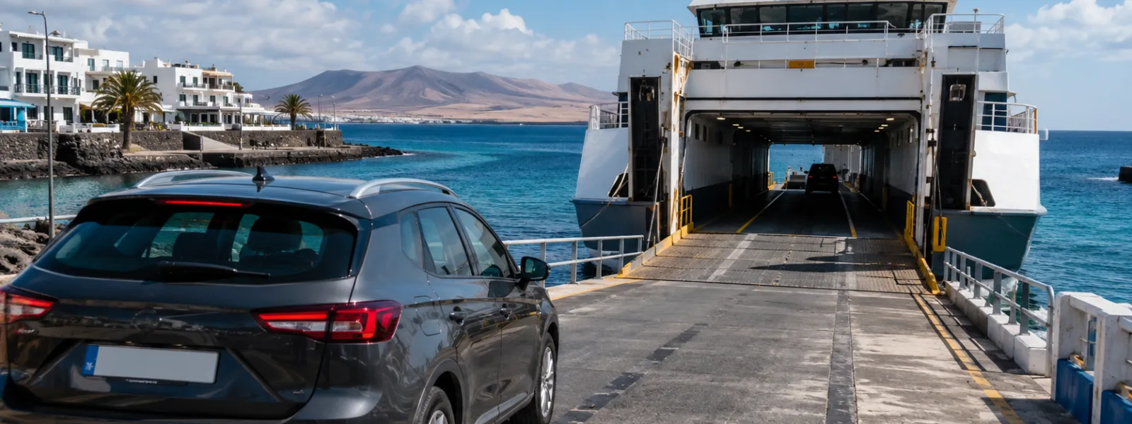 Auto a noleggio che sale su un traghetto tra Playa Blanca a Lanzarote e Corralejo a Fuerteventura