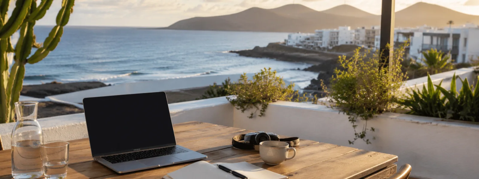 Remote work setup on a sunny Canary Islands terrace overlooking the Atlantic