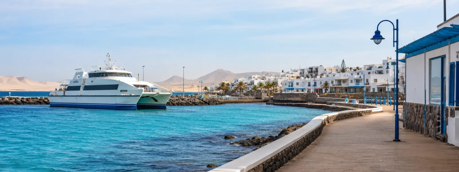 Traghetto che arriva nel porto di Corralejo con gli edifici del resort di Fuerteventura e le dune in lontananza