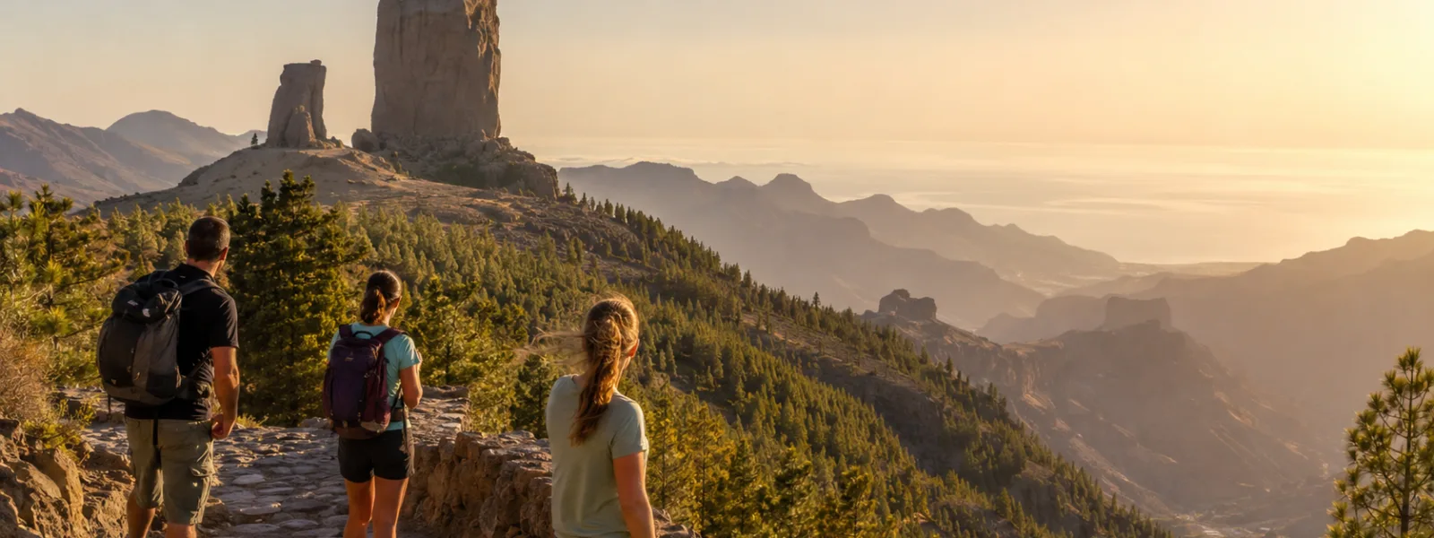 Travellers looking toward Roque Nublo in the mountains of Gran Canaria