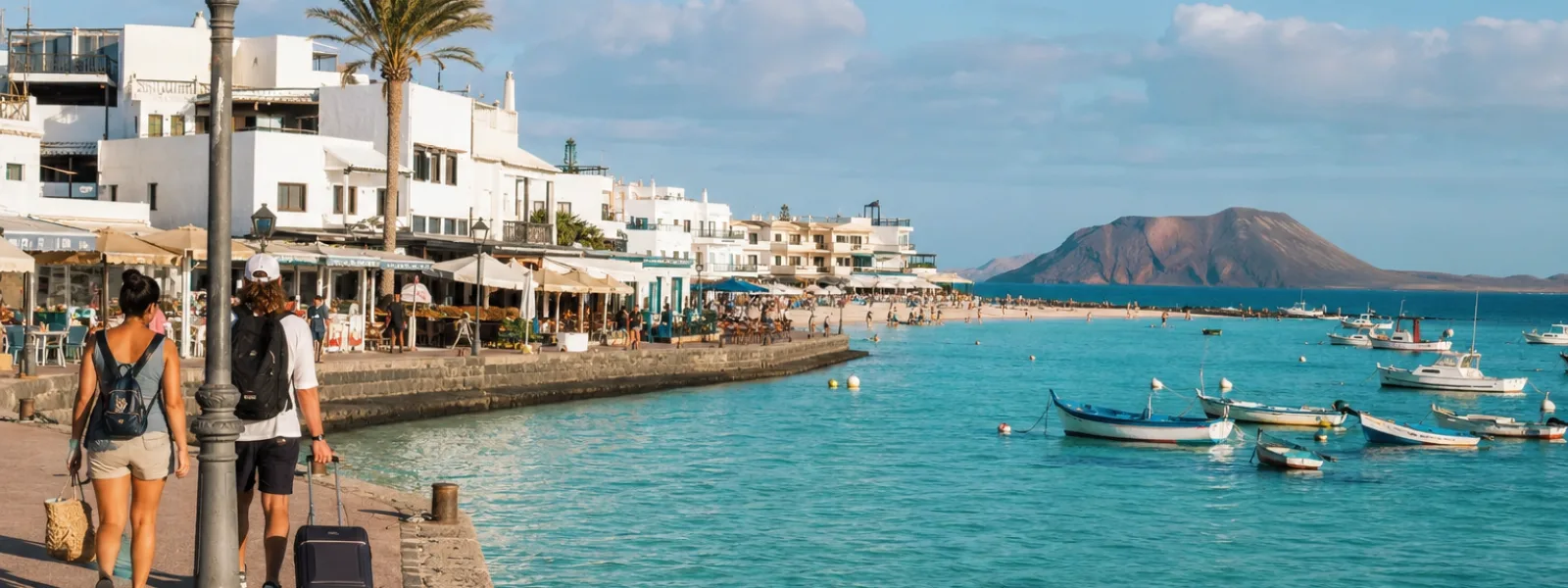 Corralejo harbour and town beach in Fuerteventura with Lobos Island on the horizon