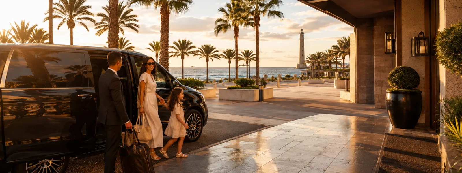Private transfer vehicle arriving at a luxury hotel near Meloneras and Faro de Maspalomas in Gran Canaria