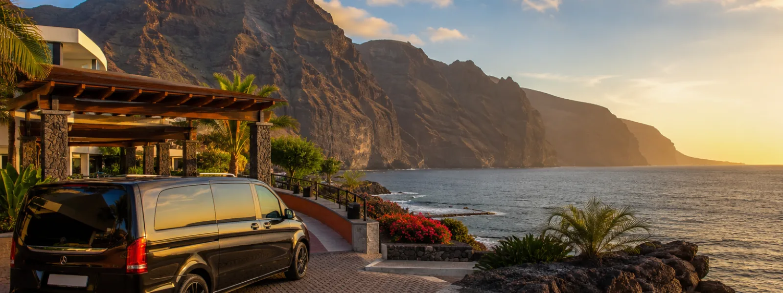 Airport transfer arriving near Los Gigantes cliffs in west Tenerife