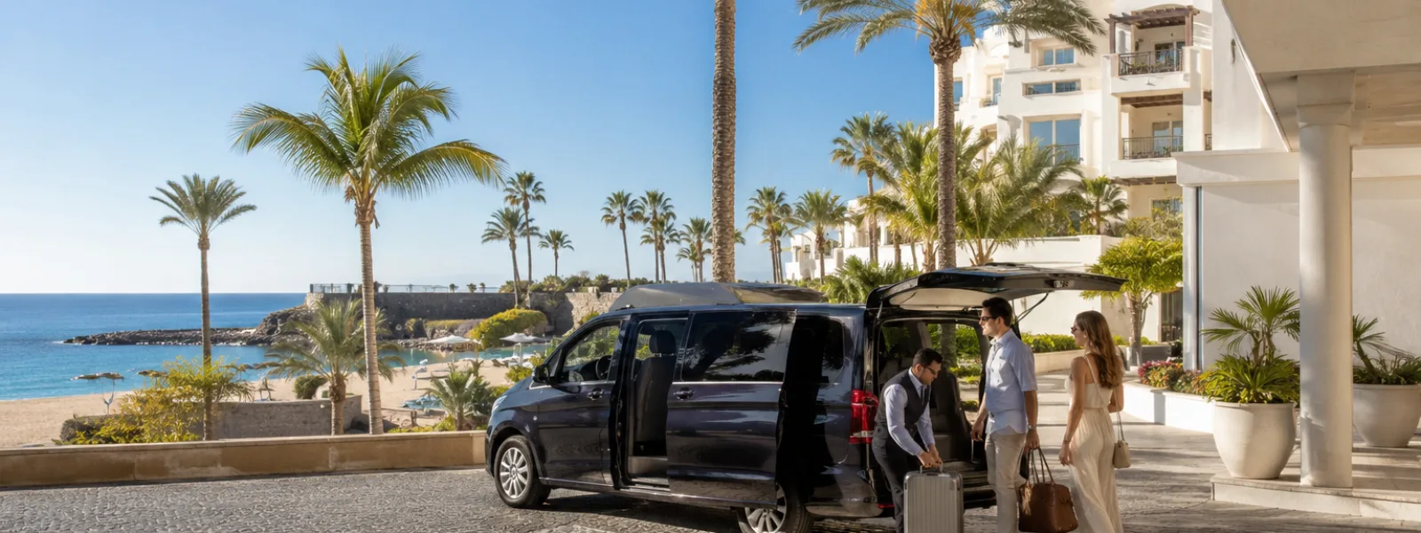 Private transfer arriving at a luxury Costa Adeje hotel near Playa del Duque and La Caleta