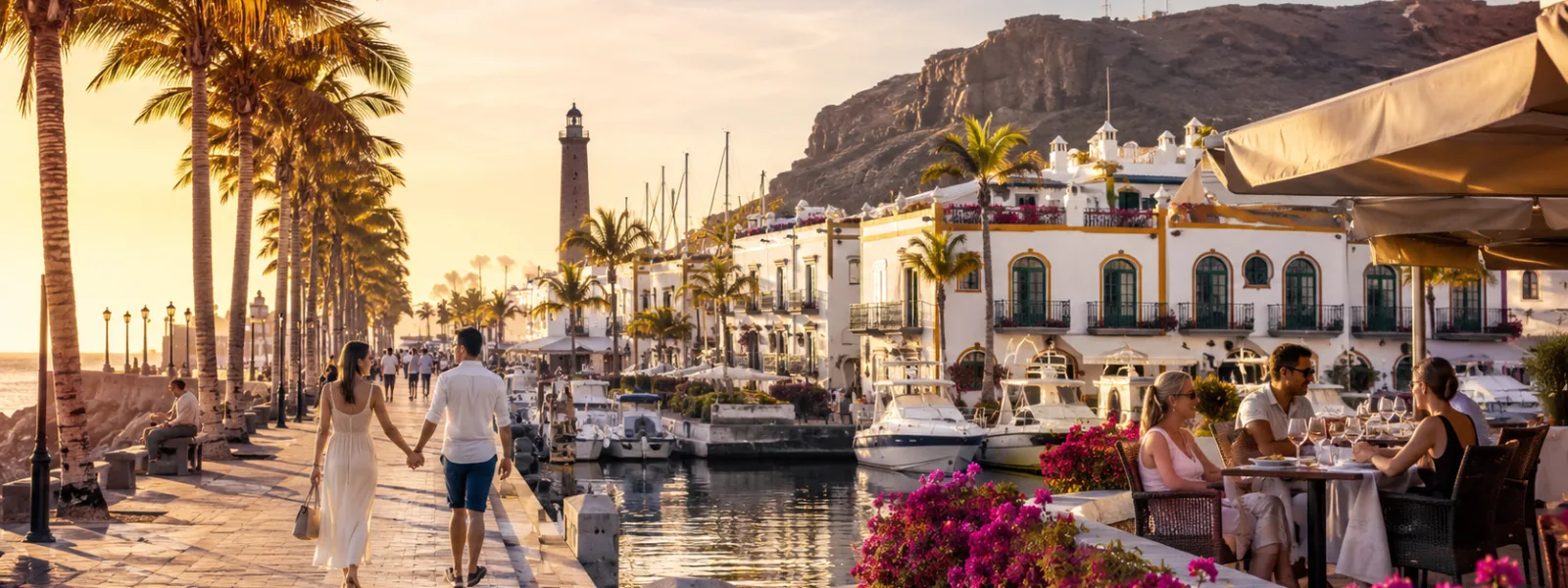 Couples holiday mood on Gran Canaria's south coast with marina dining and a palm-lined promenade