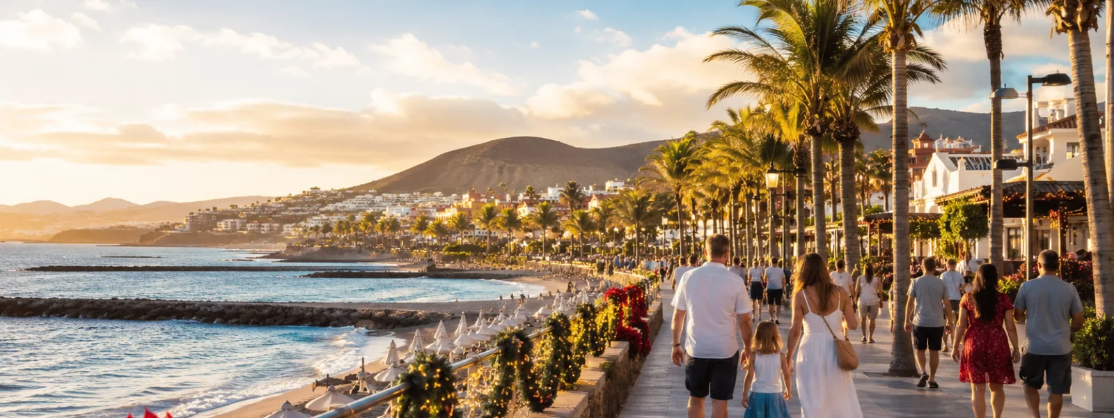 Families and couples walking on a sunny Canary Islands resort promenade at Christmas and New Year