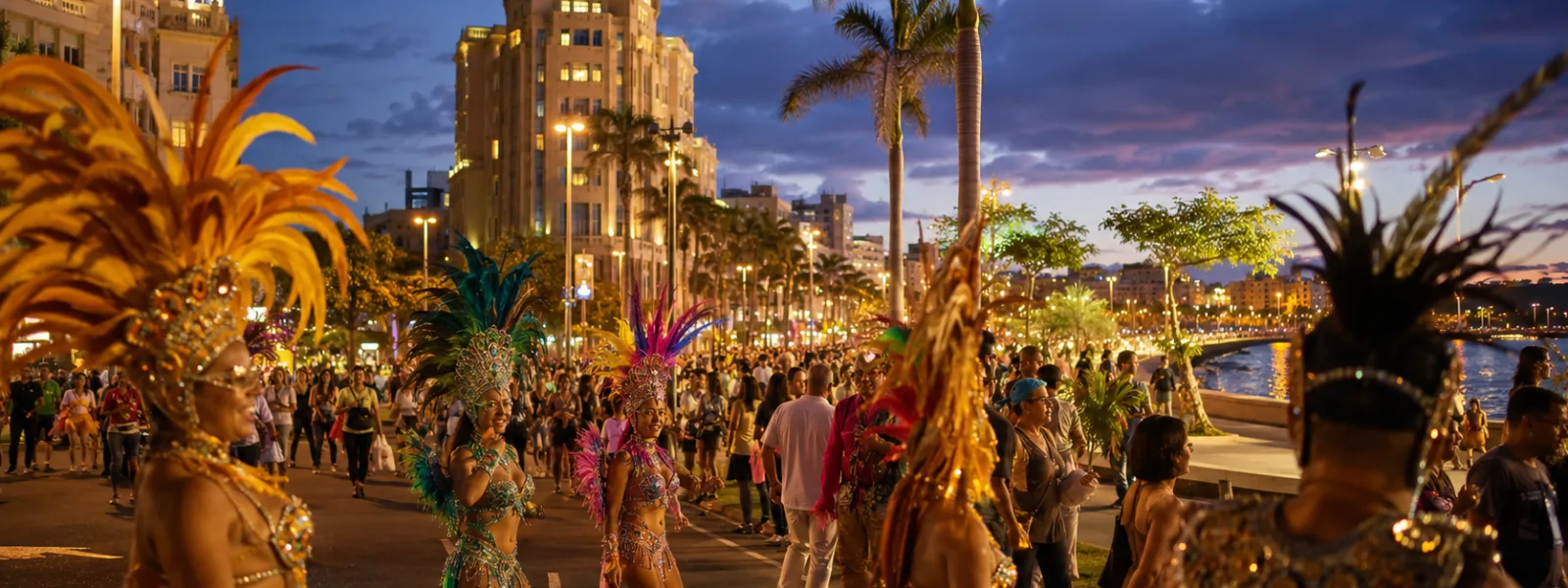 Carnival evening near Plaza de Espana in Santa Cruz de Tenerife with hotels and festive crowds
