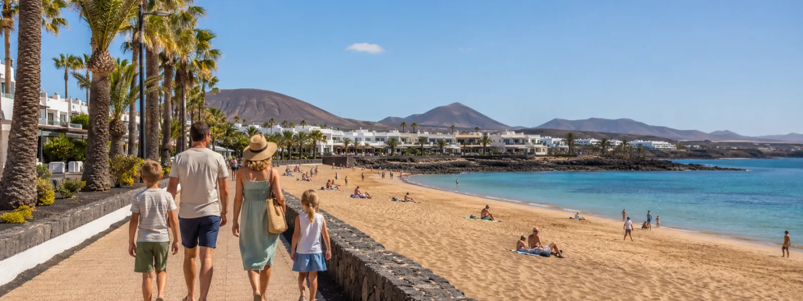 Family walking beside Playa Dorada beach and promenade in Playa Blanca, Lanzarote